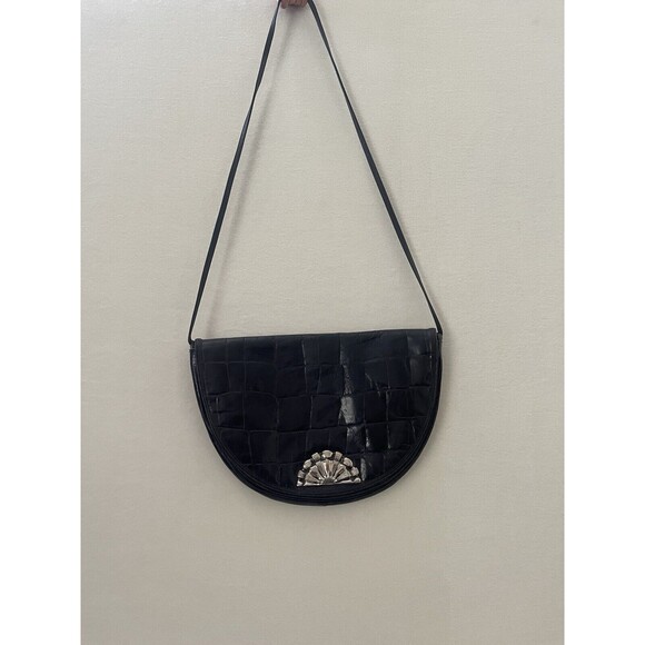 Vintage Robinson’s‎ Crescent Crossbody Genuine Leather Black Purse Made In Italy - Picture 3 of 16